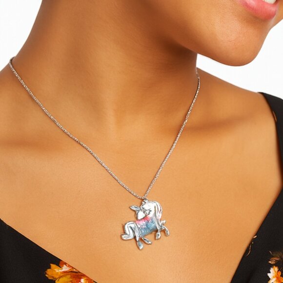 Unicorn Pendant Necklace Silvertone Multi Color Rhinestones 19" Adjustable New - Picture 1 of 12